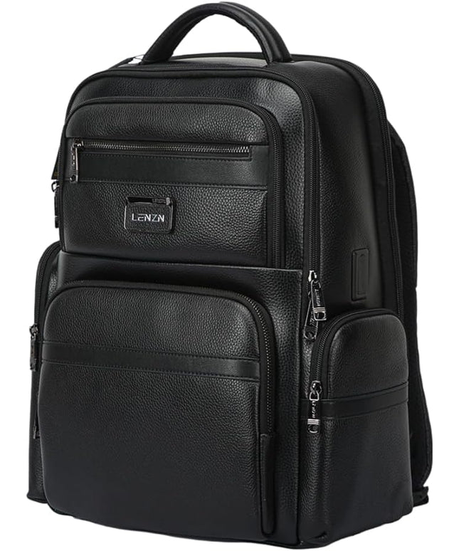 Durable Leather Laptop Business Backpack Perfect for Men & Women, Work Backpack Fits 15.6 Inch, Premium Quality Travel Bag with USB Charging Port, Water-Resistant, Bookbag with Multiple Pockets