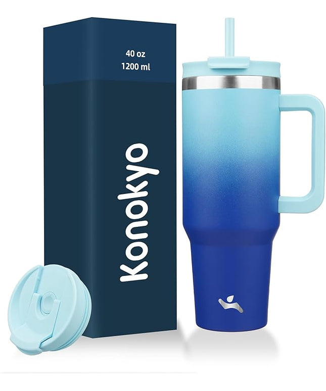 40 oz Tumbler with Handle and 2 Straws,2 in 1 Lid Insulated Water Bottle Stainless Steel Travel Coffee Mug,Sky