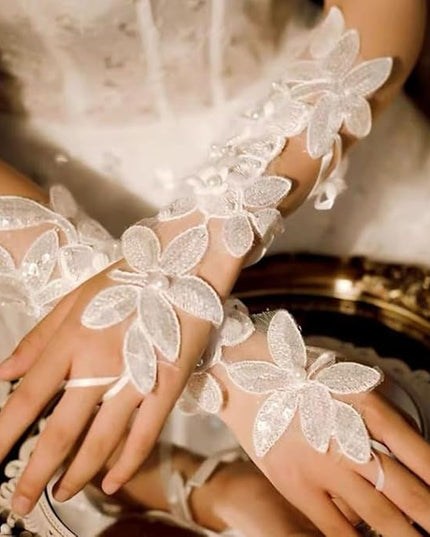Floral Lace Fingerless Gloves,Women's Length Gloves,White Beadwork Brides Hand Sleeve for Wedding Opera Tea Party