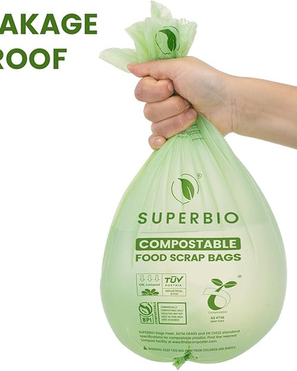 SUPERBIO 2.6 Gallon Compostable Food Waste Bags, 100 Count, 1 Pack, Flat Top Food Scrap Bags， ASTM D6400，Certified by BPI and OK compost INDUSTRIAL,9.84L
