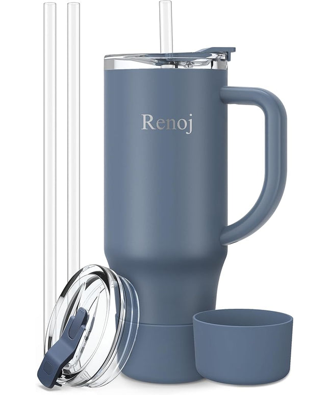 Renoj Tumbler with Handle 100% Leak Proof Insulated Water Bottle for Iced Coffee & Hot Drinks - Fits Car Cup Holder, Ideal Gift, 2 Straws & Silicone Boot BPA-Free - SnapShift Navy Blue 32 oz