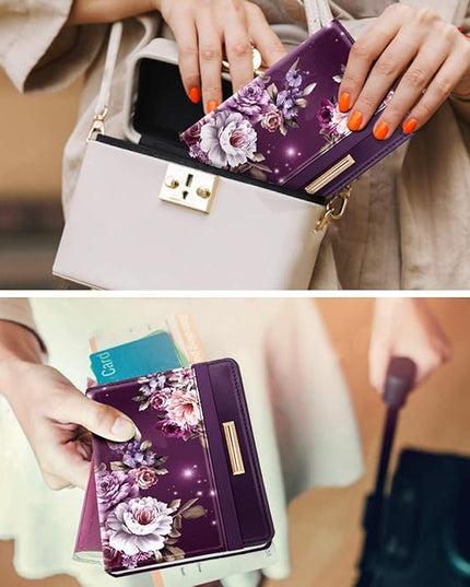 Passport Holder Cover Travel RFID Blocking Passport Cover Rose Gold Cute Flowers Passport Wallet with Elastic Band for Women