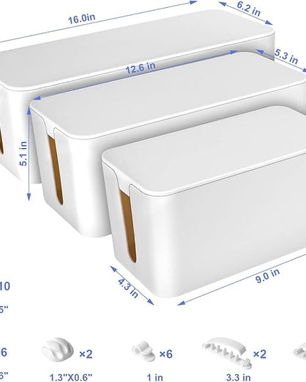 Cable Organizer Box Set of Three, Power Cover Cord Holder Surge Protector for Desk (White)
