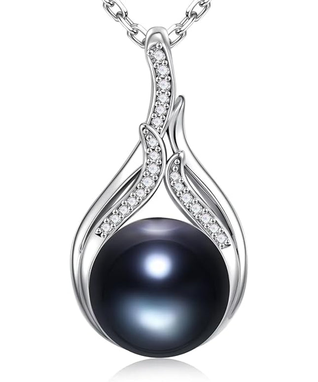 Iefil 10-11mm Tahitian Black Pearl & Freshwater Pearl Necklace - S925 Sterling Silver Pearls Necklace, Anniversary Birthday Gifts for Women Wife Girlfriend Mom