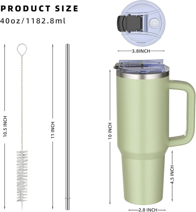 40 oz tumbler with handle and straw,Double Wall Vacuum Reusable Stainless Steel Insulated Water Bottle,With Leak Proof lid and Straw for Iced or Cold Beverages (bay green)