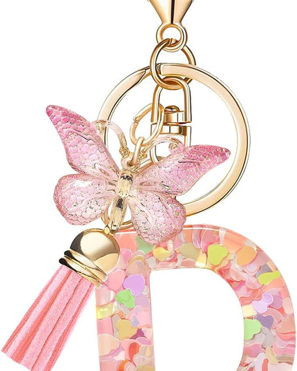 Fashion Alphabet Initial Letter Keychain Tassel Butterfly Pendant Key Ring for Purse Handbags Women Girl