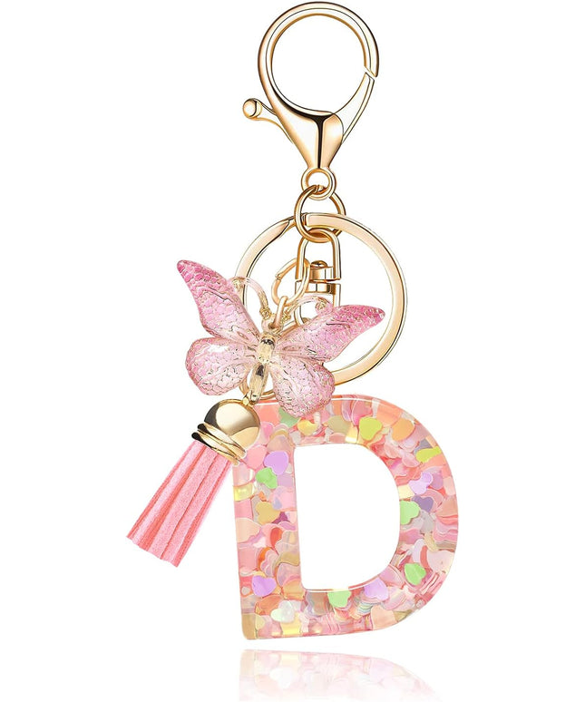 Fashion Alphabet Initial Letter Keychain Tassel Butterfly Pendant Key Ring for Purse Handbags Women Girl