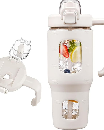 32oz Glass Tumbler with Straw Handle and 2-IN-1 Sip & Spout Lid, Reusable Iced Coffee Cup for Smoothie, Matcha, Milkshake, Leakproof Glass Water Bottle with Straw and Silicone Sleeve, BPA Free-White