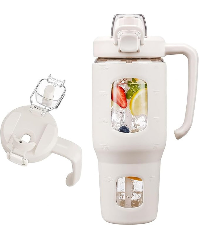 32oz Glass Tumbler with Straw Handle and 2-IN-1 Sip & Spout Lid, Reusable Iced Coffee Cup for Smoothie, Matcha, Milkshake, Leakproof Glass Water Bottle with Straw and Silicone Sleeve, BPA Free-White