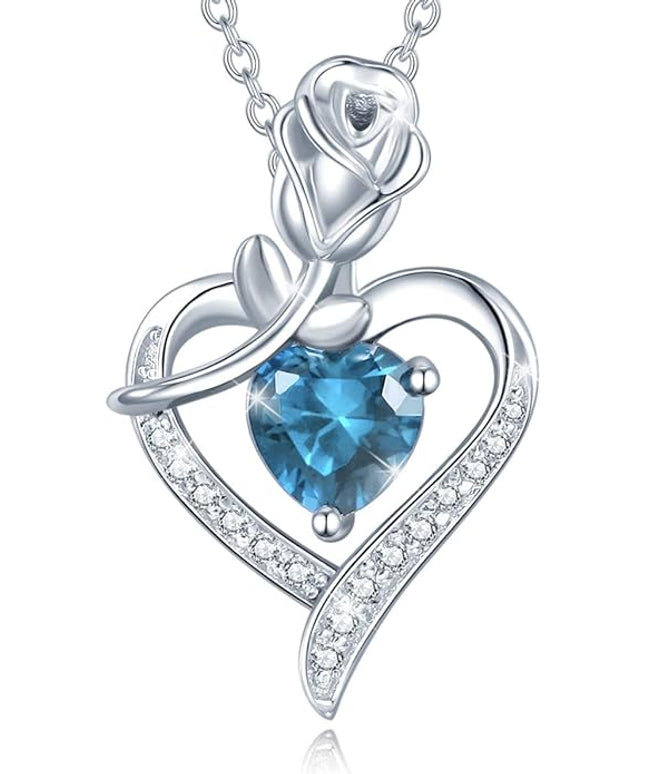 AGVANA Christmas Gifts Rosy Reverie Birthstone Necklace for Women Sterling Silver Genuine or Created Gemstone Rose Flower Heart Pendant Necklace Anniversary Birthday Gifts for Women Mom Wife Her