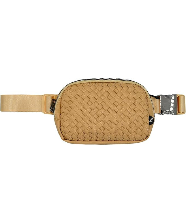 C.C Woven Vegan Leather Fanny Pack – Waist Bag with Adjustable Strap, Crossbody Belt Bag (Vegan Leather Woven - Camel)