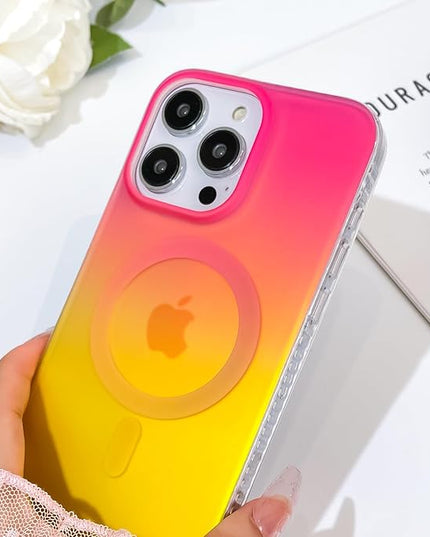 Aesthetic Case for iPhone 15 Pro Case for Women Girls, Compatible with Magsafe, Cute Girly Trendy Glitter Sparkly Rainbow Magnetic Protective Phone Cover, Matte Iridescent Red & Yellow