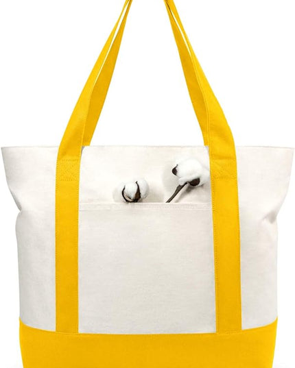 TOPDesign 1-Pack Canvas Tote Bag with an External Pocket, Reusable Grocery Shopping Bag, Top Zipper Closure, Daily Essentials (Yellow/Natural)