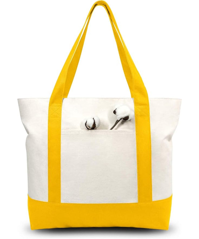 TOPDesign 1-Pack Canvas Tote Bag with an External Pocket, Reusable Grocery Shopping Bag, Top Zipper Closure, Daily Essentials (Yellow/Natural)