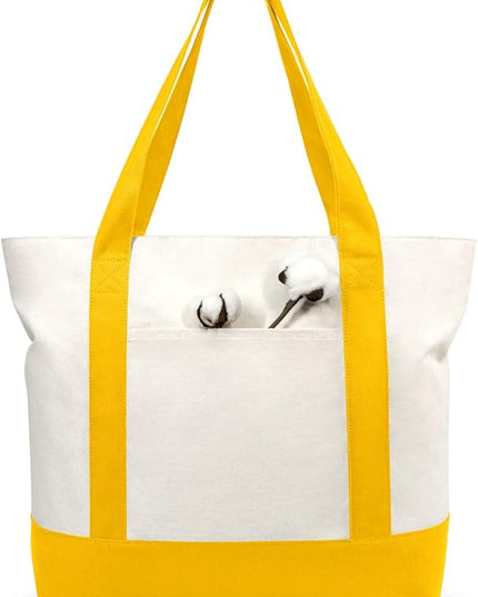 TOPDesign 6-Pack Canvas Tote Bags with an External Pocket, Reusable Grocery Shopping Bags, Top Zipper Closure, Daily Essentials (Yellow/Natural)