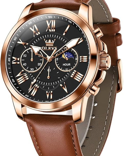 OLEVS Men's Watches Leather Strap Analog Quartz Watch, Fashion Big Dial Date Waterproof Watch, Dress Luxury Luminous Men Watches