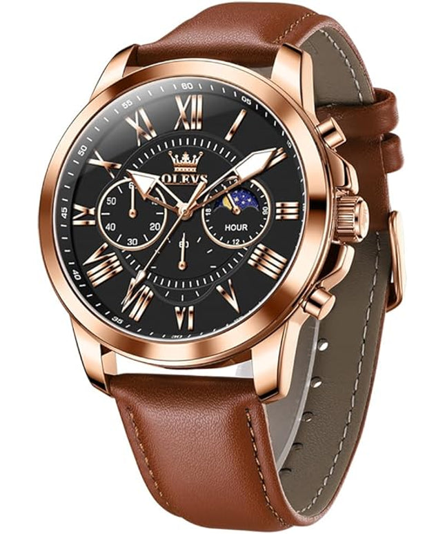 OLEVS Men's Watches Leather Strap Analog Quartz Watch, Fashion Big Dial Date Waterproof Watch, Dress Luxury Luminous Men Watches