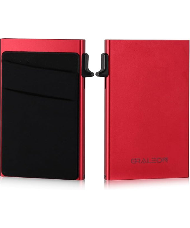 GRALEON Slim Card Holder Wallet for Men with 12 Card Slots,RFID Blocking Pop Up men's wallet,Metal Wallet with Superelastic Material Expandable Front Pocket Perfectly holds cards,bills,and coins(red)