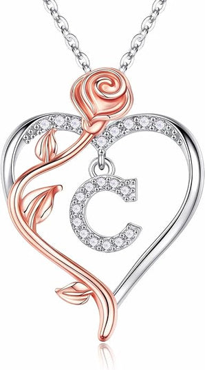 Iefil Christmas Gifts for Women Wife - 925 Sterling Silver Rose Heart Initial Necklace, Anniversary Birthday Gifts for Women, Jewelry Gift for Her Wife Girlfriend Mom Daughter