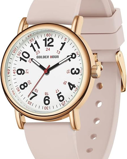 GOLDEN HOUR Waterproof Nurse Watch for Medical Professionals, Students Women Men - Military Time Luminouse Easy Read Dial, 24 Hour with Second Hand, Colorful Silicone Band