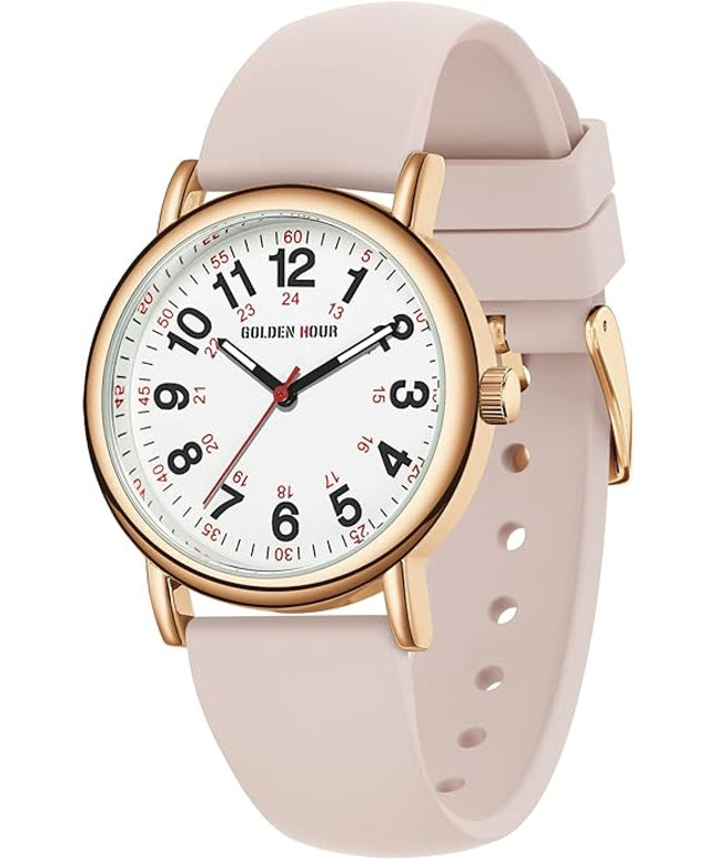 GOLDEN HOUR Waterproof Nurse Watch for Medical Professionals, Students Women Men - Military Time Luminouse Easy Read Dial, 24 Hour with Second Hand, Colorful Silicone Band