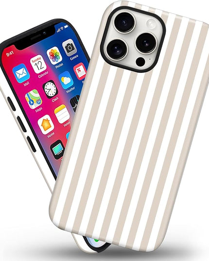 Magnetic for iPhone 12/12P Case Cute Stripes Phone Case, Shockproof Slim TPU and Hard PC Protective Phone Cover Compatible with MagSafe Designed for Women Girls, Apricot