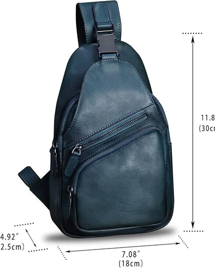 Genuine Leather Sling Bag Crossbody Purse Handmade Hiking Daypack Motorcycle Bag Retro Shoulder Backpack Vintage Chest Bag (NavyBlue)