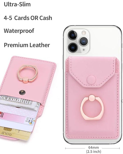 Cell Phone Card Holder RFID Ring Stand Stick on Wallet Card Holder for Back of Phone iPhone Android and All Smartphones Adhesive Credit Card Holder Pink