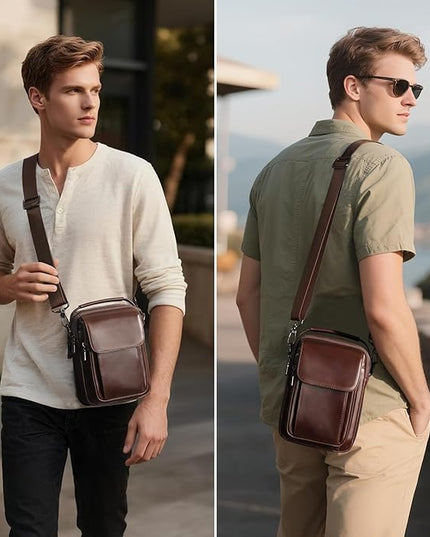 Augus Leather Small Messenger Bag For Men Crossbody Handbag Shoulder Sling Travel Bags for Men Purse Daypack Magnetic Buckle