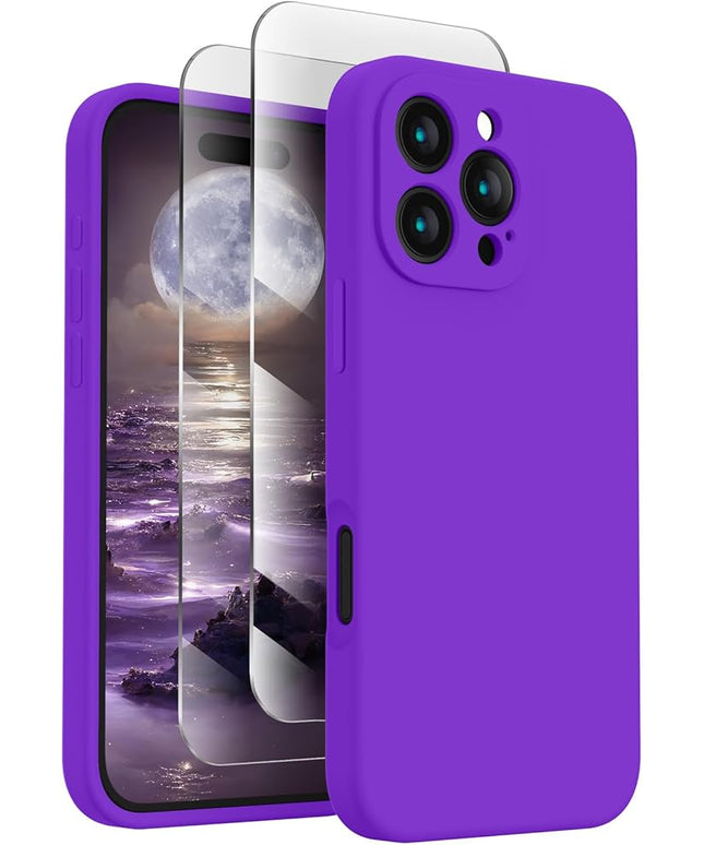 FireNova Designed for iPhone 16 Pro Case, Silicone Upgraded [Camera Protection] Phone Case with [2 Screen Protectors], Soft Anti-Scratch Microfiber Lining Inside, 2024, Neon Purple