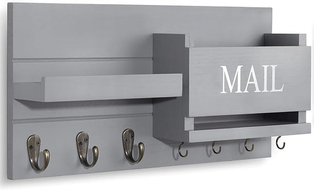 Lwenki Mail Organizer for Wall Mount – Key Holder with Shelf Includes Letter Holder and Hooks for Hallway Farmhouse Decor – Rustic Wood with Flush Mounting Hardware (16.5” x 9.1” x 3.4”) (Gray)