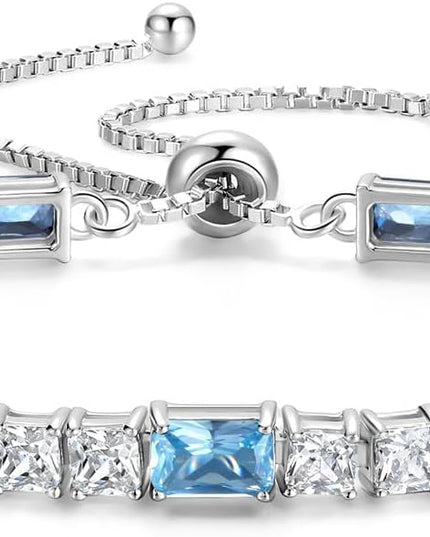 FANCIME Birthstone Bracelet for Women, Sterling Silver 4x6mm Gemstone Tennis Bracelet Bolo Adjustable Chain Fine Jewelry Birthday Gifts for Women Mom Wife Her