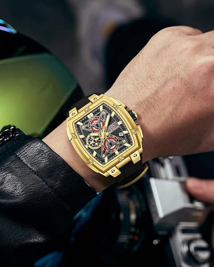 MF MINI FOCUS Men's Watch Analog Fashion Wrist Watch, Skeleton Tonneau Watch for Men with Chronograph,Ideal for Sports Enthusiasts and Daily Wear