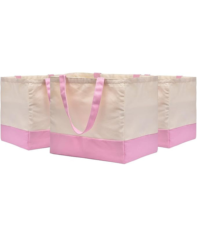 3 Pack Canvas Reusable Grocery Bags Heavy Duty, 8.3 gal Foldable Large Tote Bag with Handles, Holds 60 lbs Canvas Shopping Bags & Washable Eco-friendly Bags with 5 Pockets, Pink+Off white