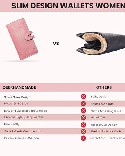 DEERHANDMADE womens wallet (Holds 15-18 Cards, 4 Flat Pockets, 1 ID Windows) Genuine Leather clutch purses for women | Slim long wallets for women | rfid blocking wallet (pink wallets)