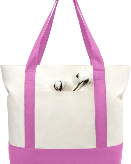 TOPDesign 6-Pack Canvas Tote Bags with an External Pocket, Reusable Grocery Shopping Bags, Top Zipper Closure, Daily Essentials (Light Purple/Natural)