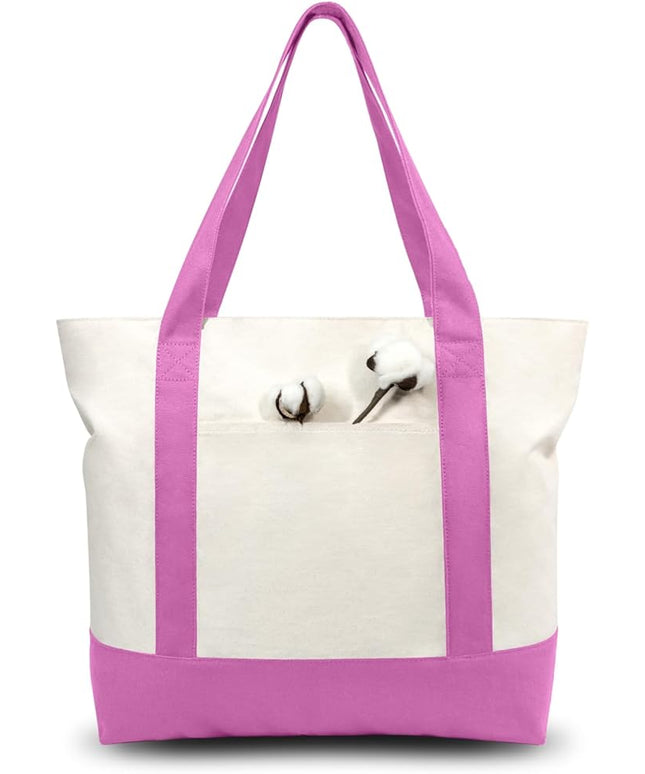 TOPDesign 6-Pack Canvas Tote Bags with an External Pocket, Reusable Grocery Shopping Bags, Top Zipper Closure, Daily Essentials (Light Purple/Natural)