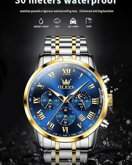 OLEVS Mens Watch Luxury Big Face Stainless Steel Analog Quartz Multifunctional Waterproof Luminous Date Two Tone Fashion Dress Wrist Watches for Man