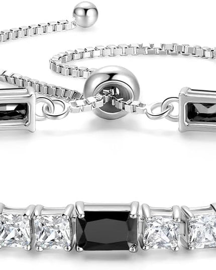 FANCIME Birthstone Bracelet for Women, Sterling Silver 4x6mm Gemstone Tennis Bracelet Bolo Adjustable Chain Fine Jewelry Birthday Gifts for Women Mom Wife Her