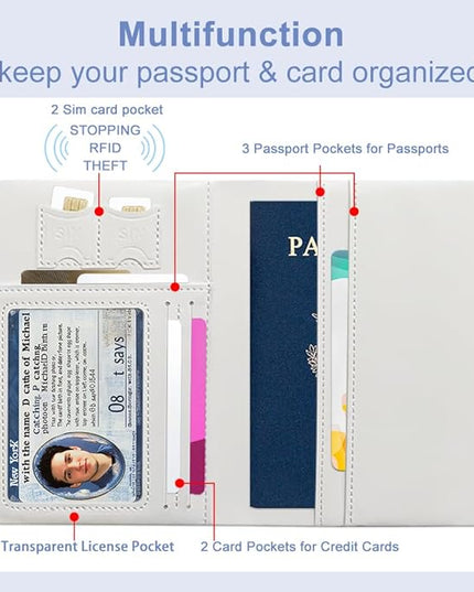 PU Leather Passport Holder Cover 5.9×4.3 Inch with Credit Card Slot and Boarding Pass Slot Combo Blocking Passport Holder Wallet Cover Case for Travel Boarding Essentials (Sticker)