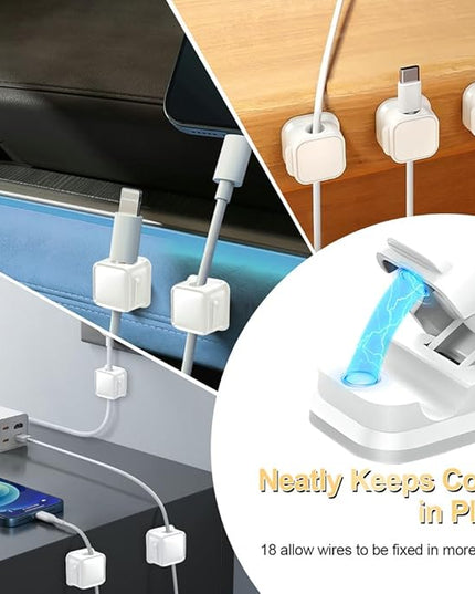 18 Pack Cord Organizer Holder, Magnetic Cable Clips Management, Easy Adhesive Phone Charging Cable Keeper, Hide Or Organize Desk Cable for Kitchen, Office, Car, Nightstand（White）