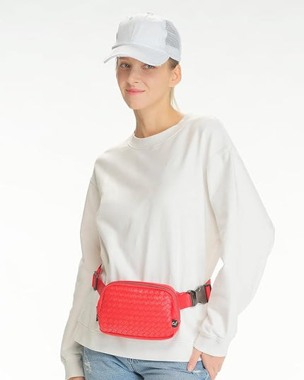 C.C Woven Vegan Leather Fanny Pack – Waist Bag with Adjustable Strap, Crossbody Belt Bag (Vegan Leather Woven - Red)