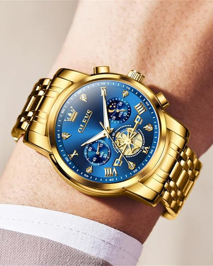OLEVS Mens Watches Chronograph Watch Luxury Dress Stainless Steel Waterproof Watches for Men Moon Phase Luminous Business Calendar Wrist Watch Blue/Black/Green/Gold/Face