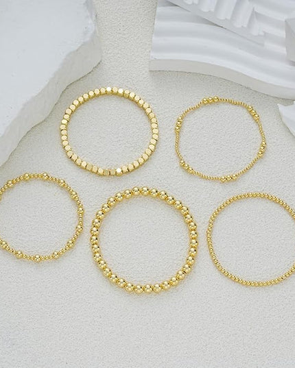 Gold Beaded Bracelets for Women, 14K Real Gold Plated Jewelry for Women Dainty Pearl Bead Bracelets Stack, Non Tarnish Trendy Stackable Ball Cross Stretch Bracelet Set Fashion Accessories Gifts