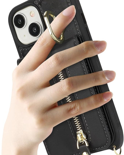 for iPhone 15 Wallet Case with Card Holder, for iPhone 15 Case Wallet with Strap Credit Card Slot, Crossbody Bag with Zipper Case for iPhone15 - Black