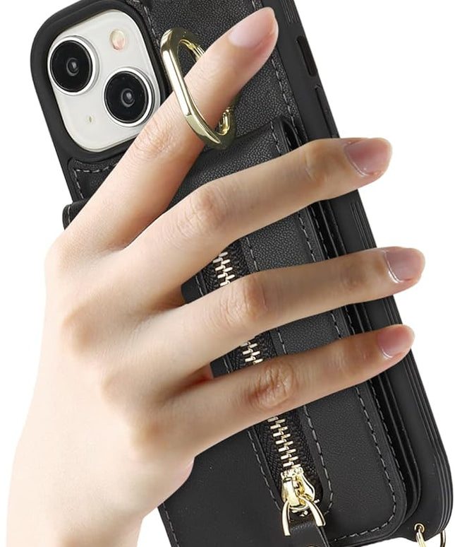 for iPhone 15 Wallet Case with Card Holder, for iPhone 15 Case Wallet with Strap Credit Card Slot, Crossbody Bag with Zipper Case for iPhone15 - Black
