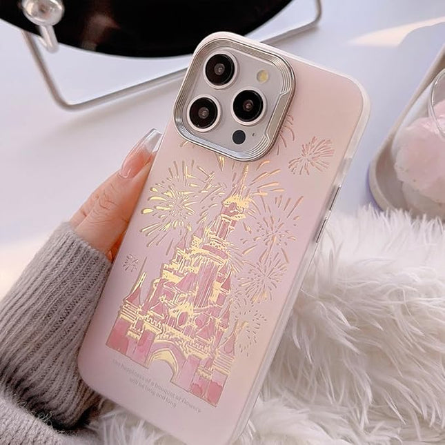 for iPhone 15 Pro Max Case, Deluxe Fashion Pink Case with Bracelet, Laser 3D Fireworks Castle Design, PC+TPU Shockproof and Drop Resistant for Women and Girls 6.7