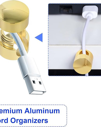 10 Sets Charger Holders for Cords, Gold Color Adjustable Cable Anchor Holders, Adhesive Metal Cord Clips, Cable Management Wire Organizers for Desk, Office, Nightstand