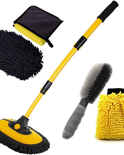Car Wash Brush with Long Handle, Chenille Microfiber Mop Mitt with 1 Replacement Head, Wheel Brush Extension Pole Cleaning Kit & Towels for Cars & Trucks - 5PCS