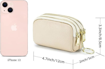 LINNO 3 Zippered Genuine Leather Coin Purse Triple Capacity Change Pouch Little Travel Wallet With Key Ring for Women